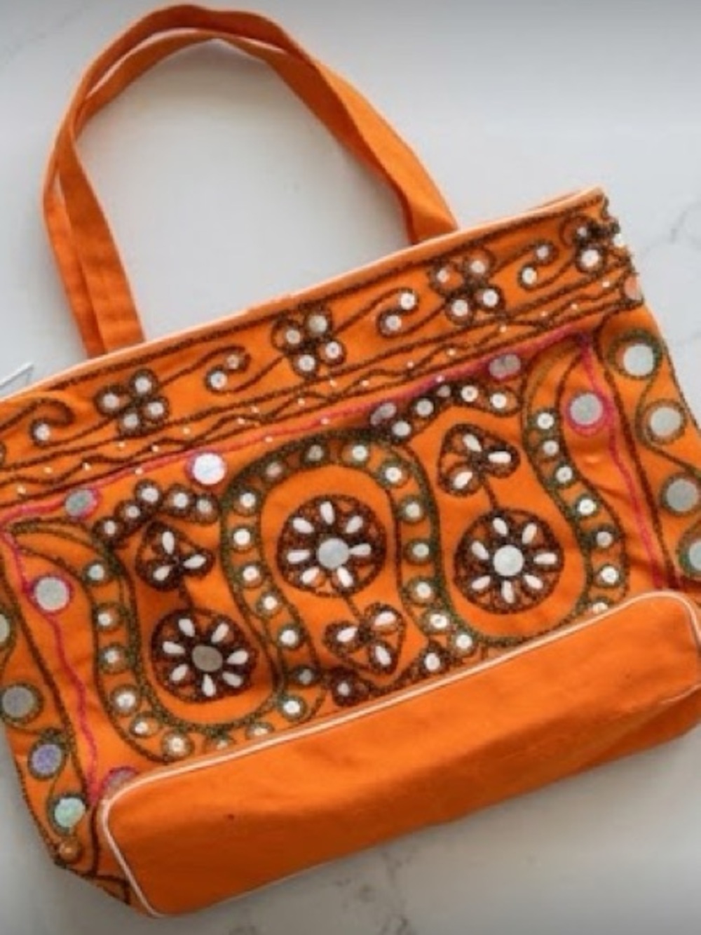 Kutch Embroidered Orange Beaded Tote - Boho Chic